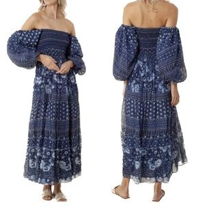 Hale Bob Ilona Silk Chiffon Maxi Dress Floral Small Navy Smocked Puff Sleeve